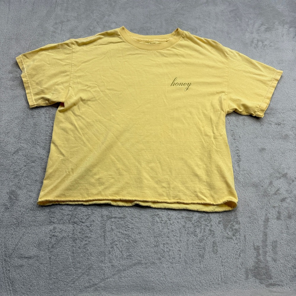 J. Galt Graphic Tee Women OS Yellow Honey Script Raw Hem Cropped Shirt Soft Girl